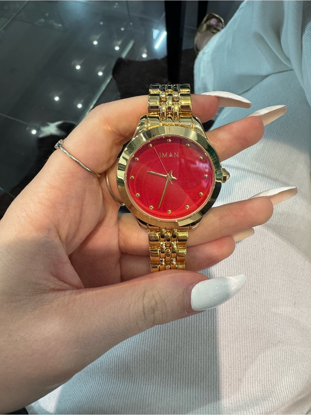New IMAN Global Chic Gold-Tone Minimalist Red Dial Bracelet Watch